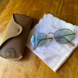 RAYBAN “OVAL FLAT” Gold Oval Light Blue Lense Sunglasses - Model No. RB 3547N